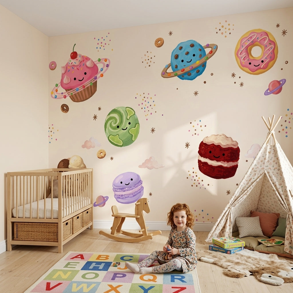 Space Desserts Wallpaper Cute Planets Pastel Sprinkles Wall Mural