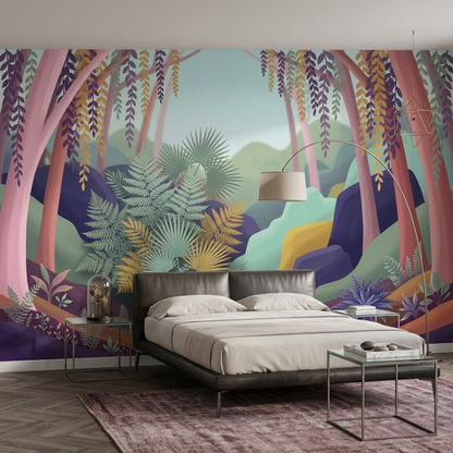 Whimsical Forest Wallpaper Muted Green Removable Wall Decor