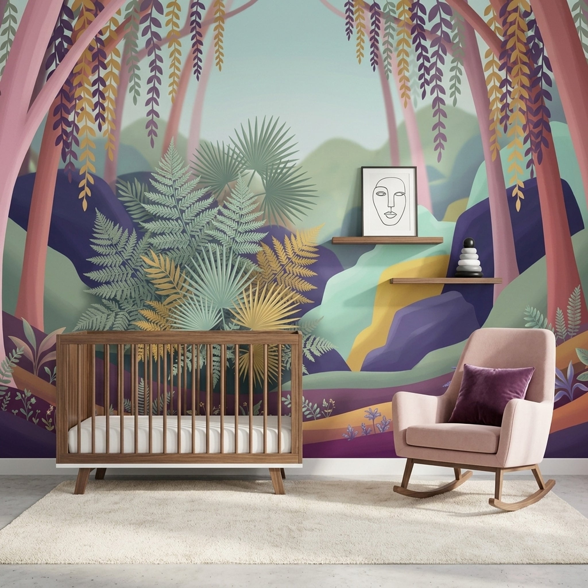 Whimsical Forest Wallpaper Muted Green Removable Wall Decor
