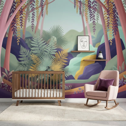 Whimsical Forest Wallpaper Muted Green Removable Wall Decor