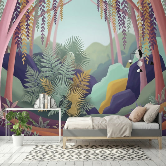 Whimsical Forest Wallpaper Muted Green Removable Wall Decor