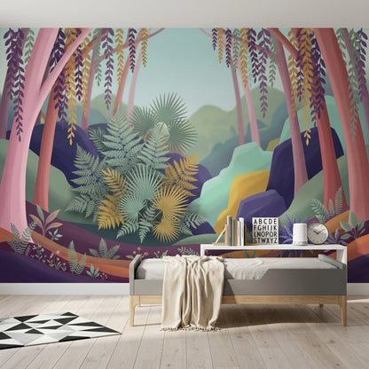 Whimsical Forest Wallpaper Muted Green Removable Wall Decor