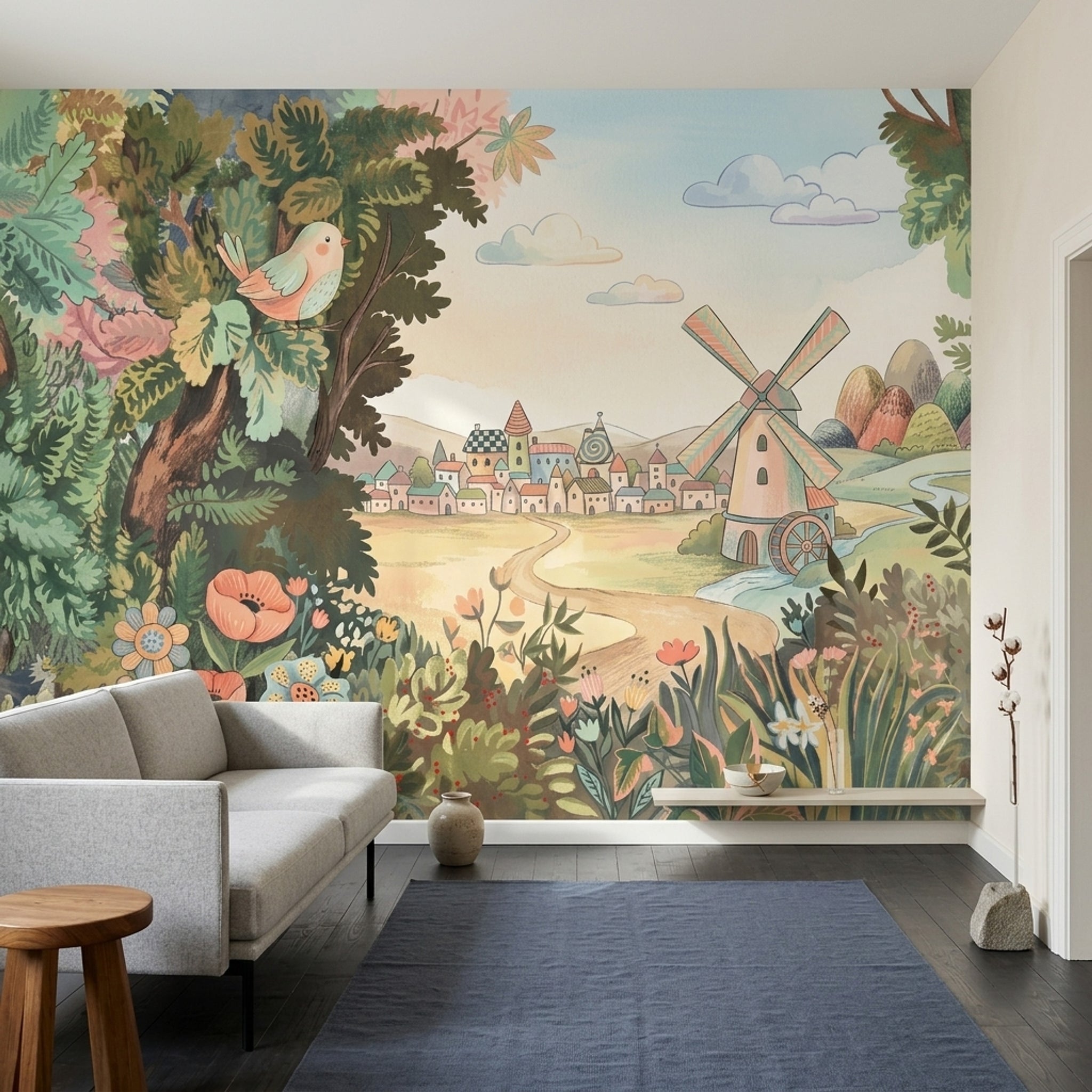 Storybook Landscape Wallpaper Countryside Village Windmill Removable Wall Decor