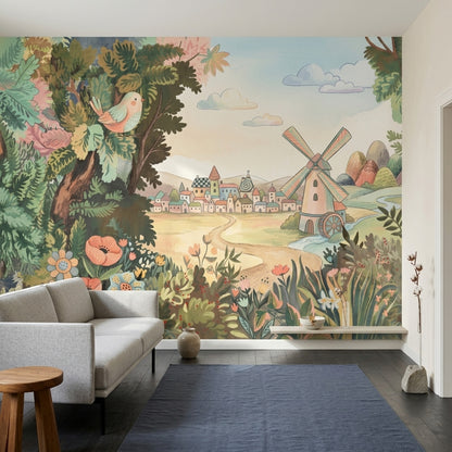 Storybook Landscape Wallpaper Countryside Village Windmill Removable Wall Decor