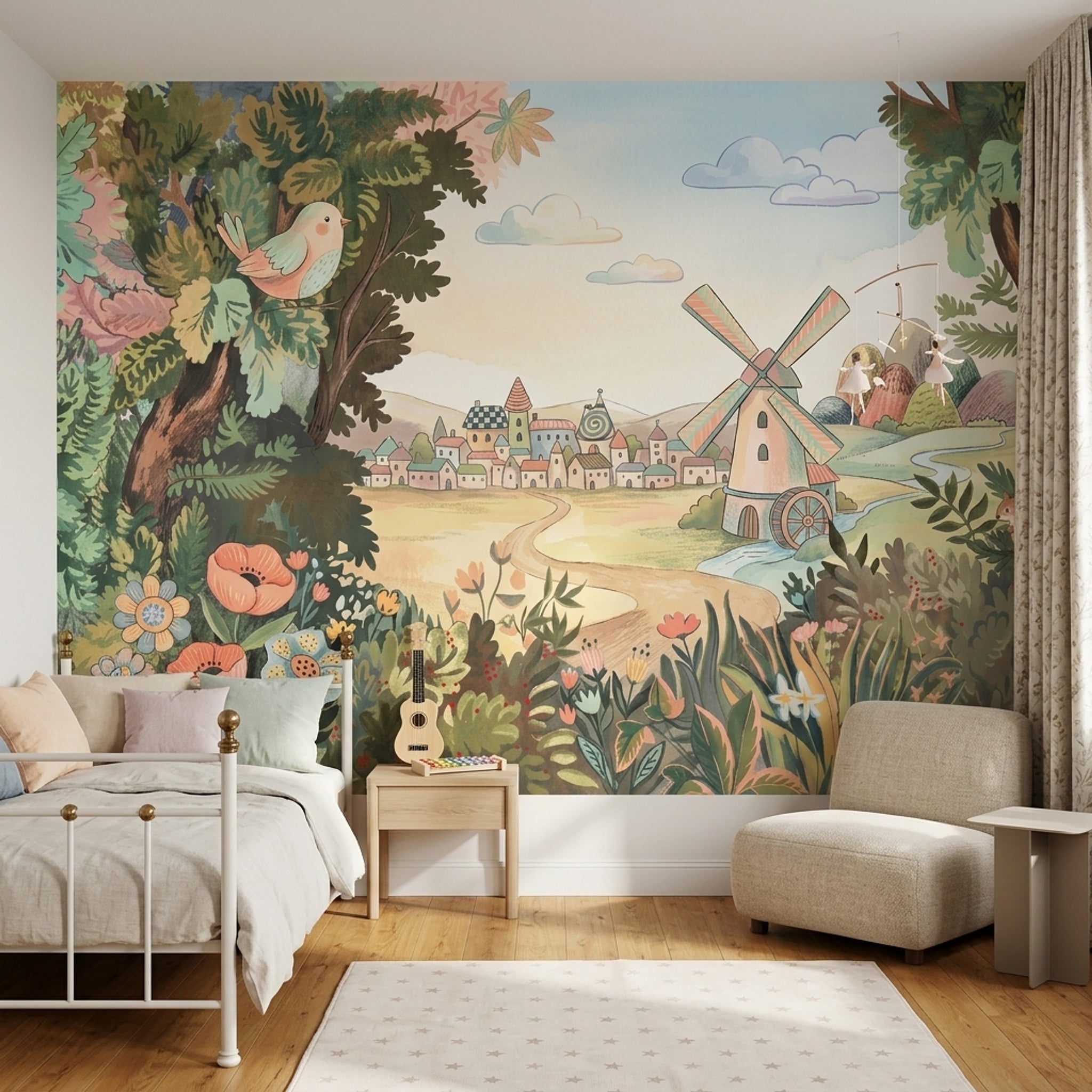Storybook Landscape Wallpaper Countryside Village Windmill Removable Wall Decor
