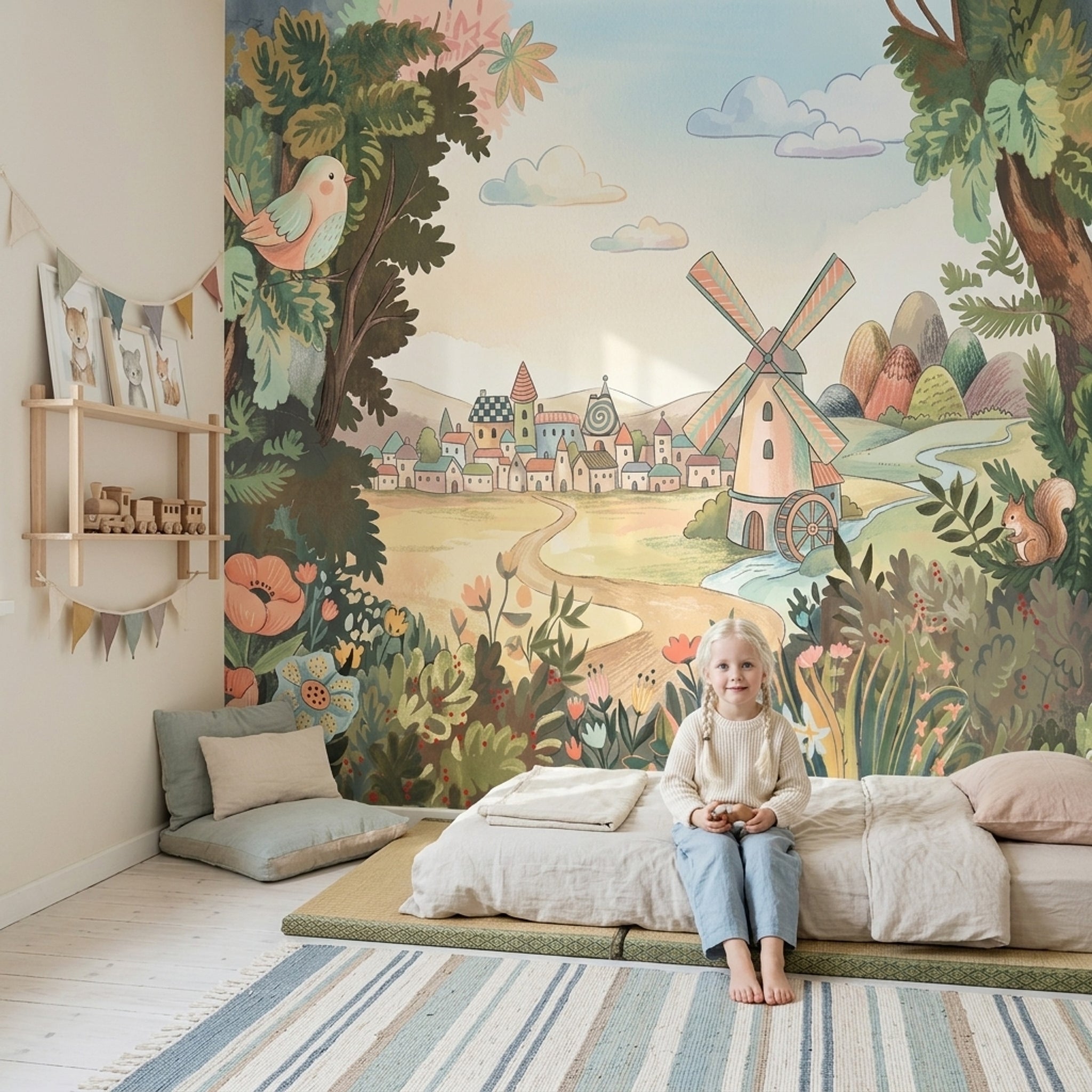 Storybook Landscape Wallpaper Countryside Village Windmill Removable Wall Decor