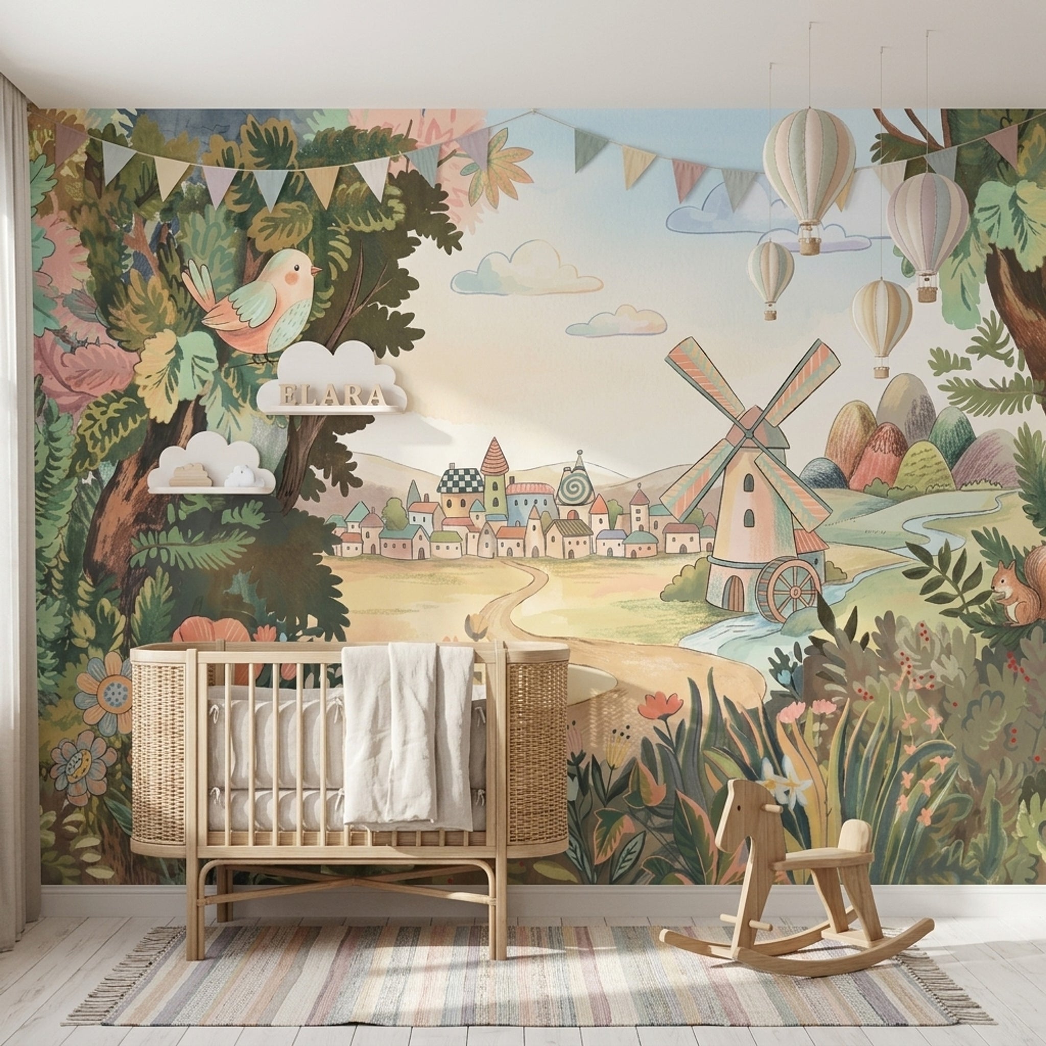 Storybook Landscape Wallpaper Countryside Village Windmill Removable Wall Decor