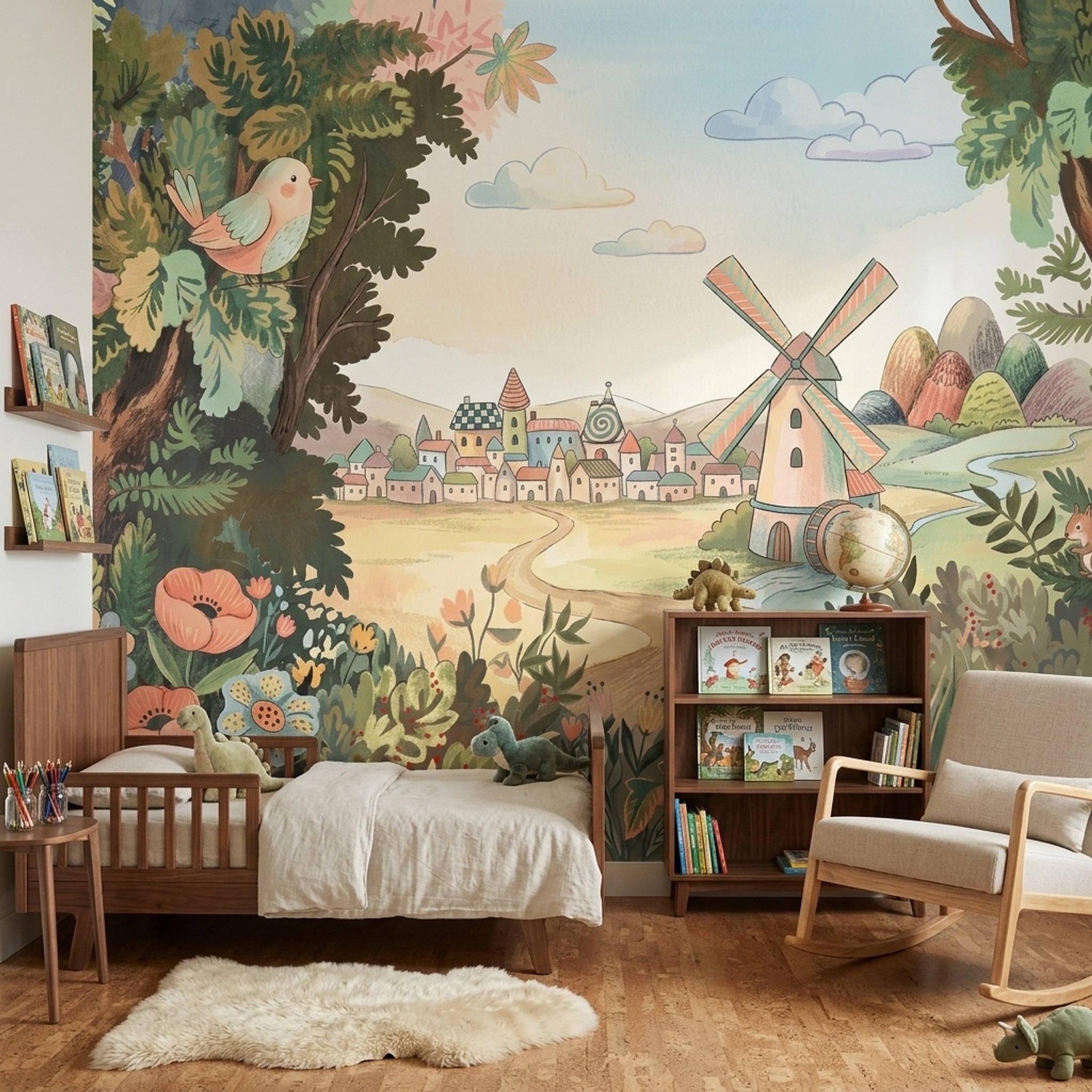 Storybook Landscape Wallpaper Countryside Village Windmill Removable Wall Decor