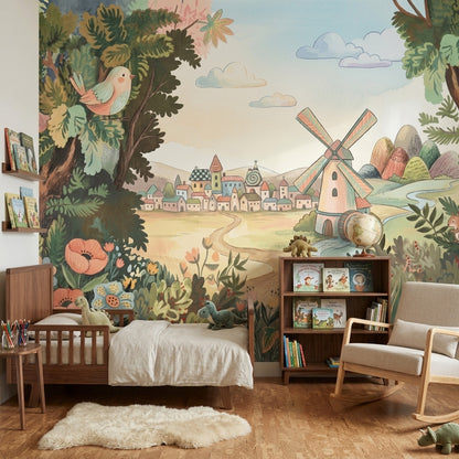 Storybook Landscape Wallpaper Countryside Village Windmill Removable Wall Decor