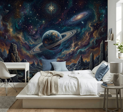 Space Landscape Wallpaper Ringed Planet Removable Nebula Wall Decor