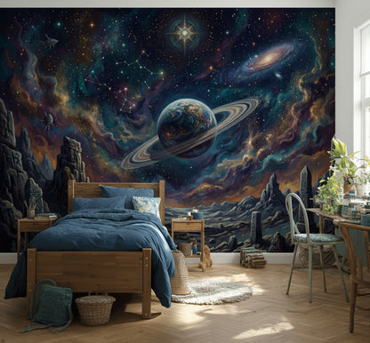 Space Landscape Wallpaper Ringed Planet Removable Nebula Wall Decor