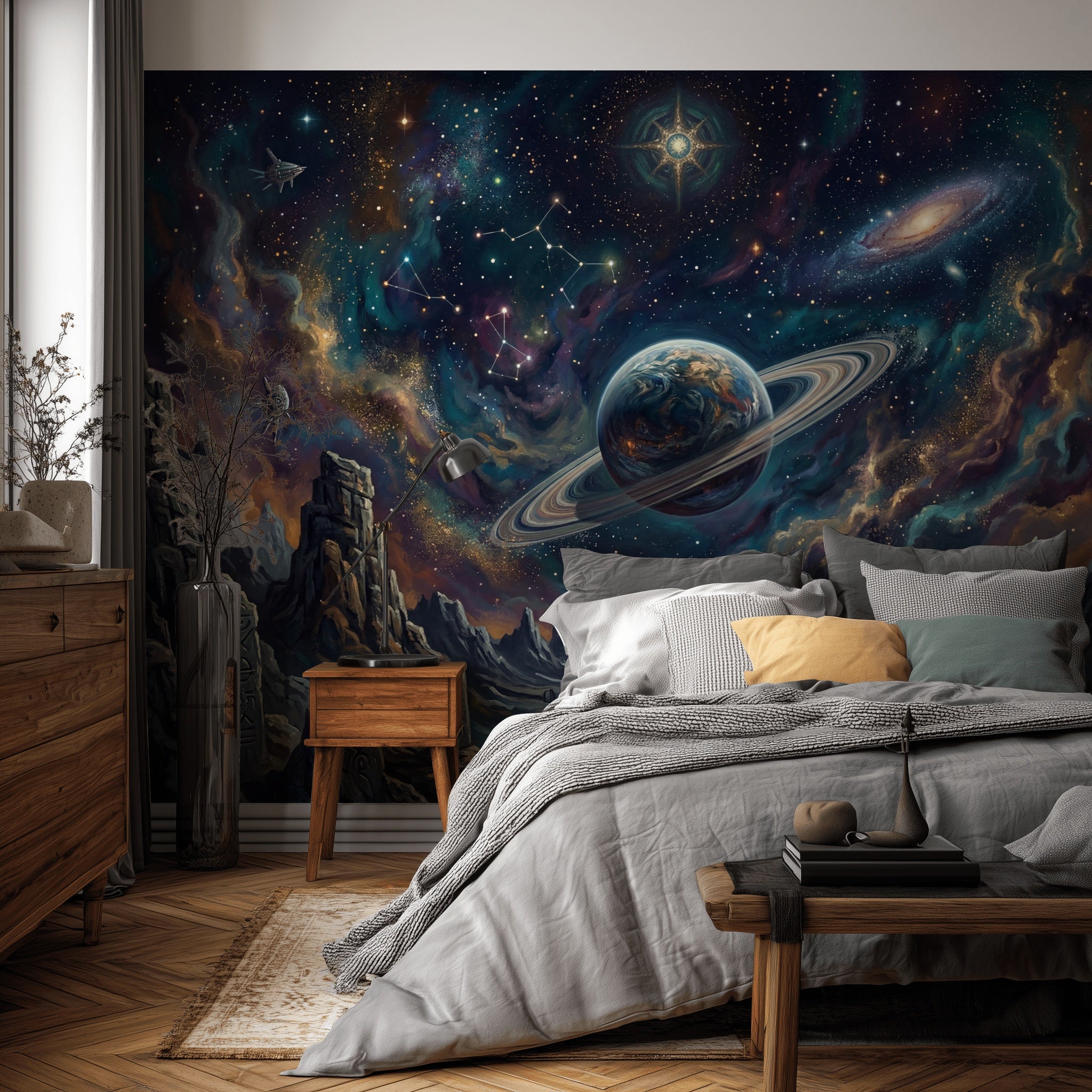 Space Landscape Wallpaper Ringed Planet Removable Nebula Wall Decor