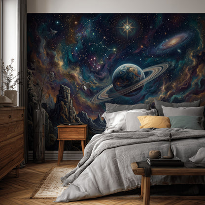 Space Landscape Wallpaper Ringed Planet Removable Nebula Wall Decor
