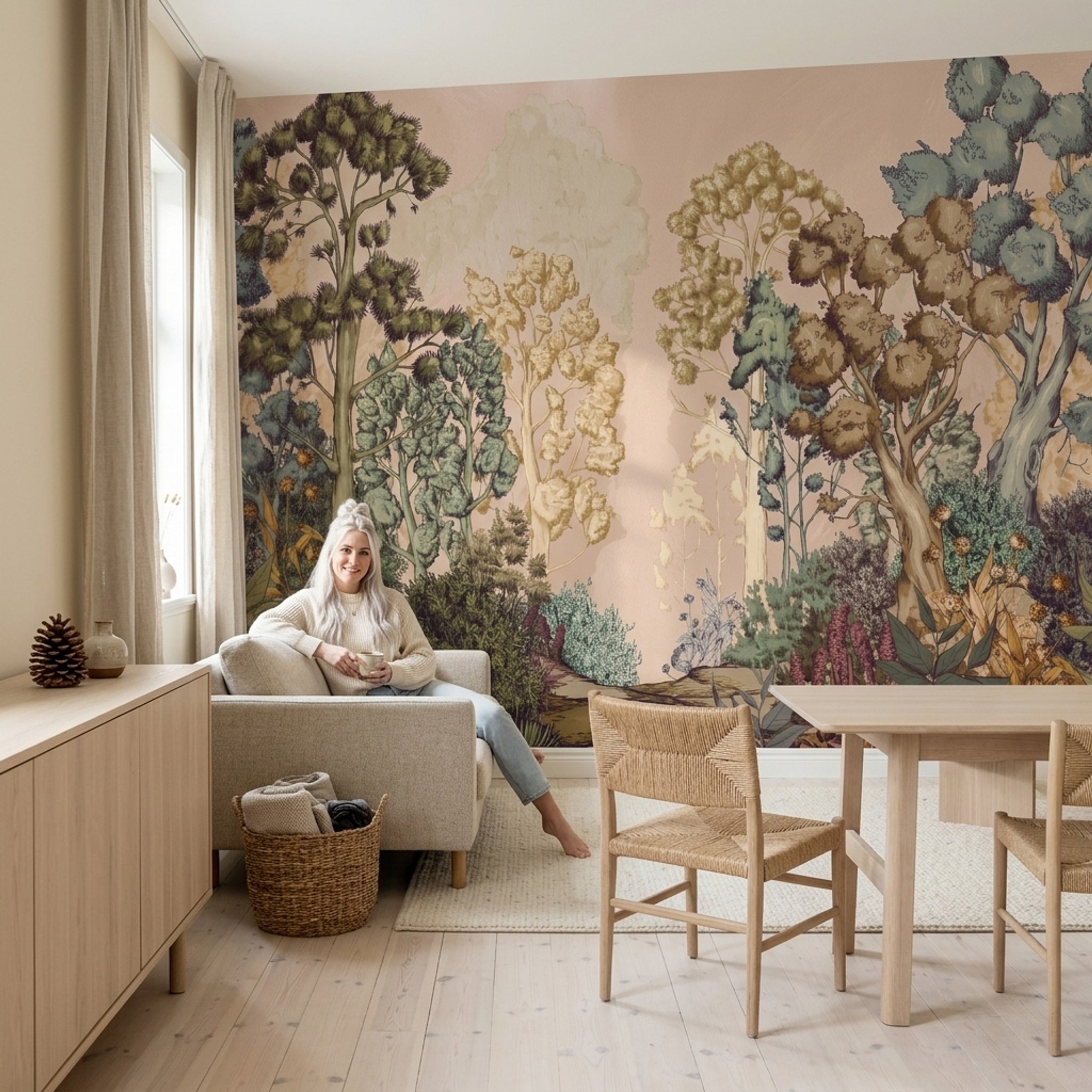 Muted Green Wallpaper Watercolor Forest Wall Mural