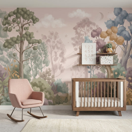 Pastel Forest Wallpaper Watercolor Landscape Removable Misty Trees Wall Decor