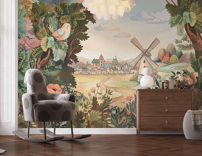 Storybook Landscape Wallpaper Countryside Village Windmill Removable Wall Decor