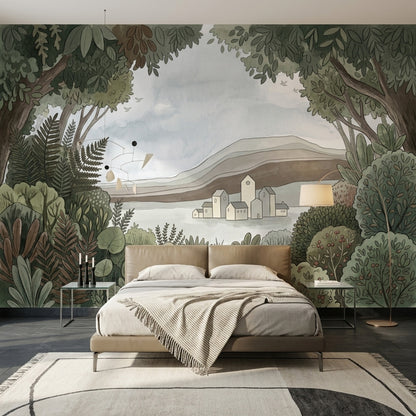 Landscape Mural Wallpaper Botanical Foliage Watercolor Illustration Wall Mural