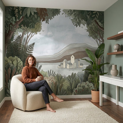 Landscape Mural Wallpaper Botanical Foliage Watercolor Illustration Wall Mural