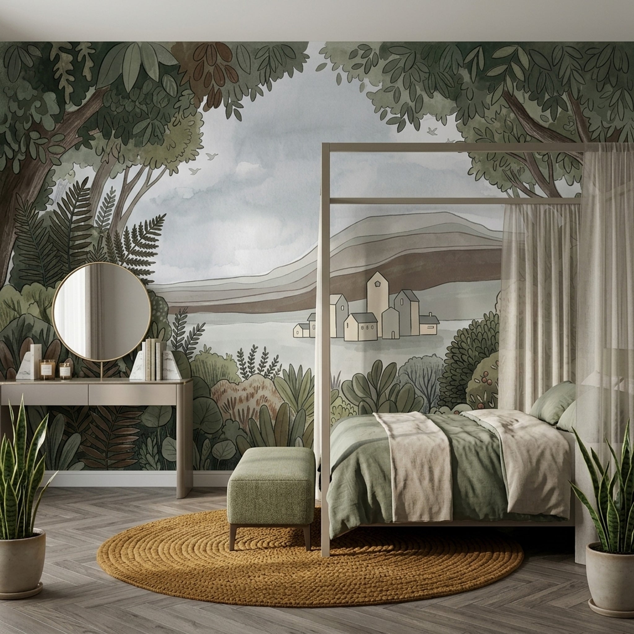 Landscape Mural Wallpaper Botanical Foliage Watercolor Illustration Wall Mural