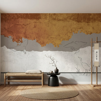 Abstract Landscape Wallpaper Wading Birds Textured Plaster Wall Mural