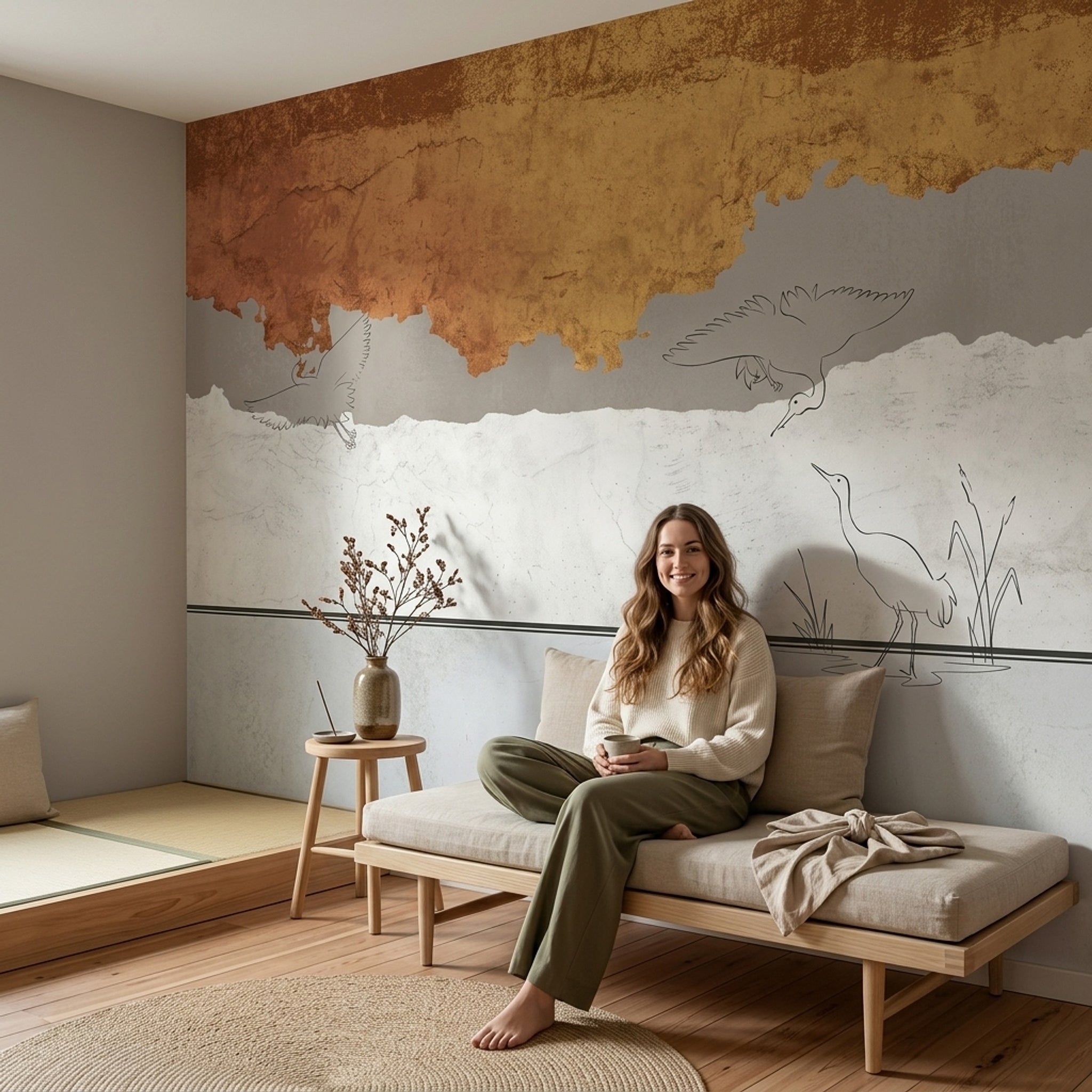 Abstract Landscape Wallpaper Wading Birds Textured Plaster Wall Mural