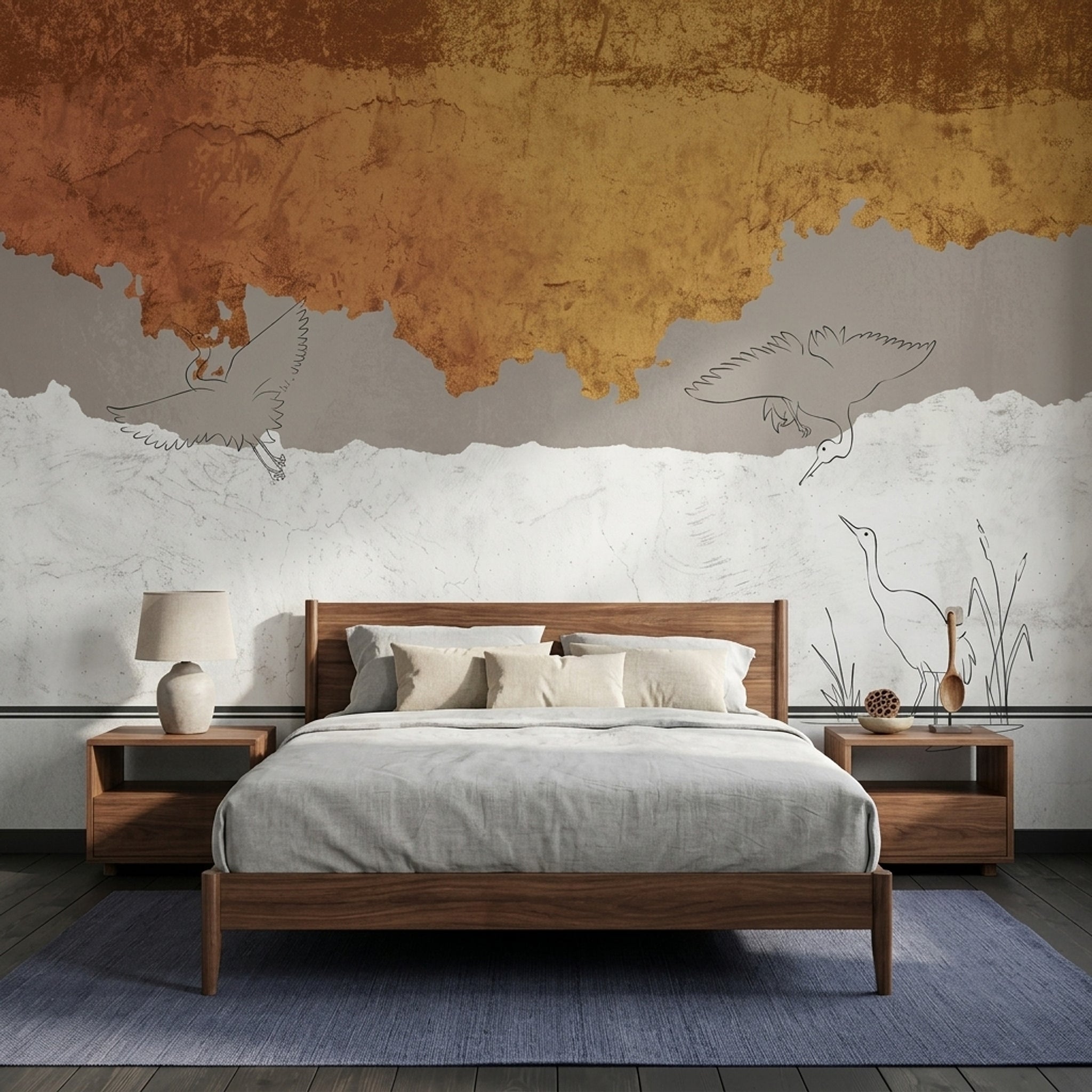 Abstract Landscape Wallpaper Wading Birds Textured Plaster Wall Mural