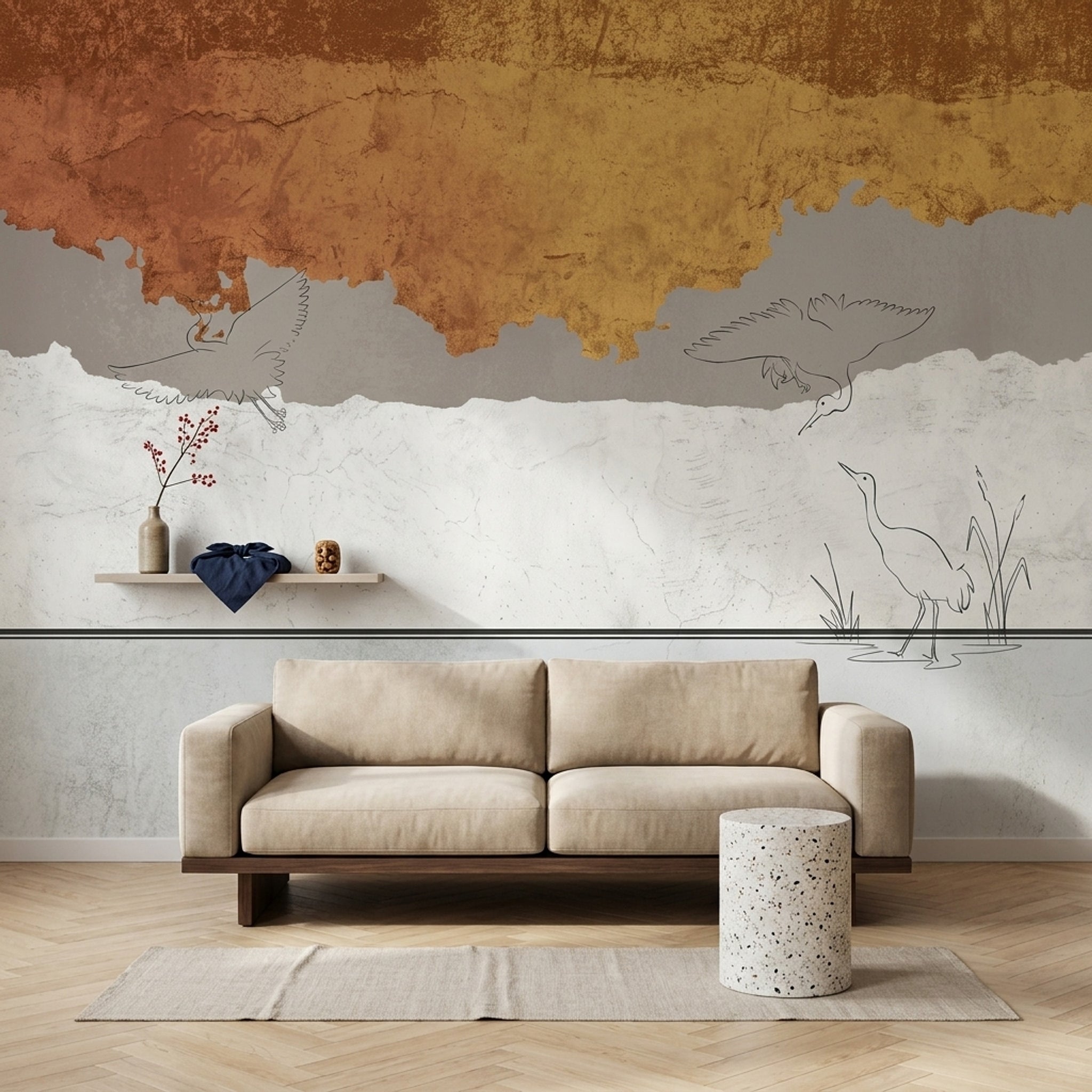 Abstract Landscape Wallpaper Wading Birds Textured Plaster Wall Mural