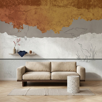 Abstract Landscape Wallpaper Wading Birds Textured Plaster Wall Mural