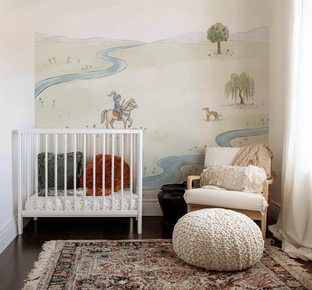 Pastoral Landscape Wallpaper Winding River Removable Storybook Illustration Wall Decor
