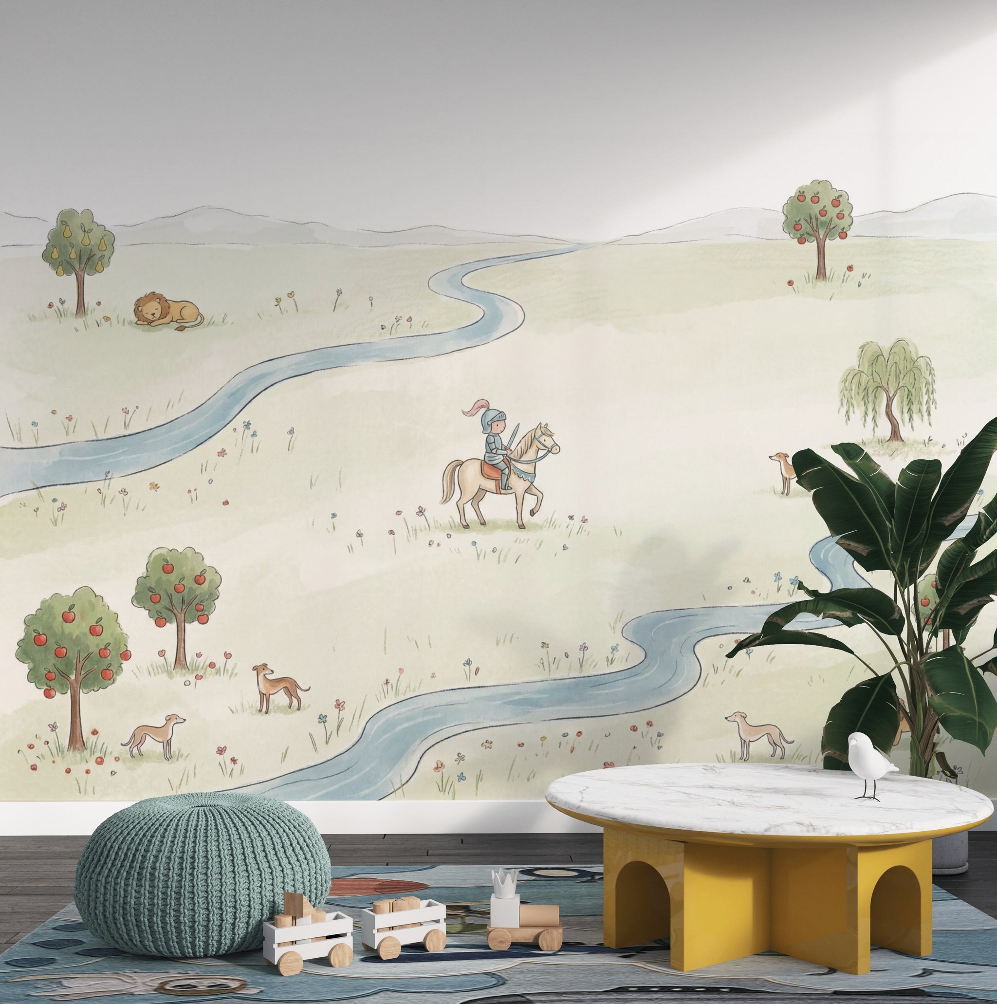 Pastoral Landscape Wallpaper Winding River Removable Storybook Illustration Wall Decor