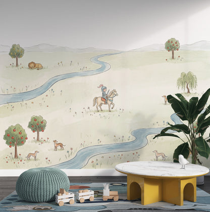 Pastoral Landscape Wallpaper Winding River Removable Storybook Illustration Wall Decor