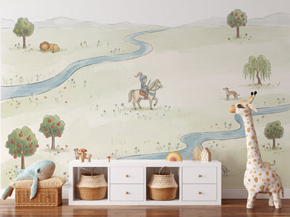 Pastoral Landscape Wallpaper Winding River Removable Storybook Illustration Wall Decor