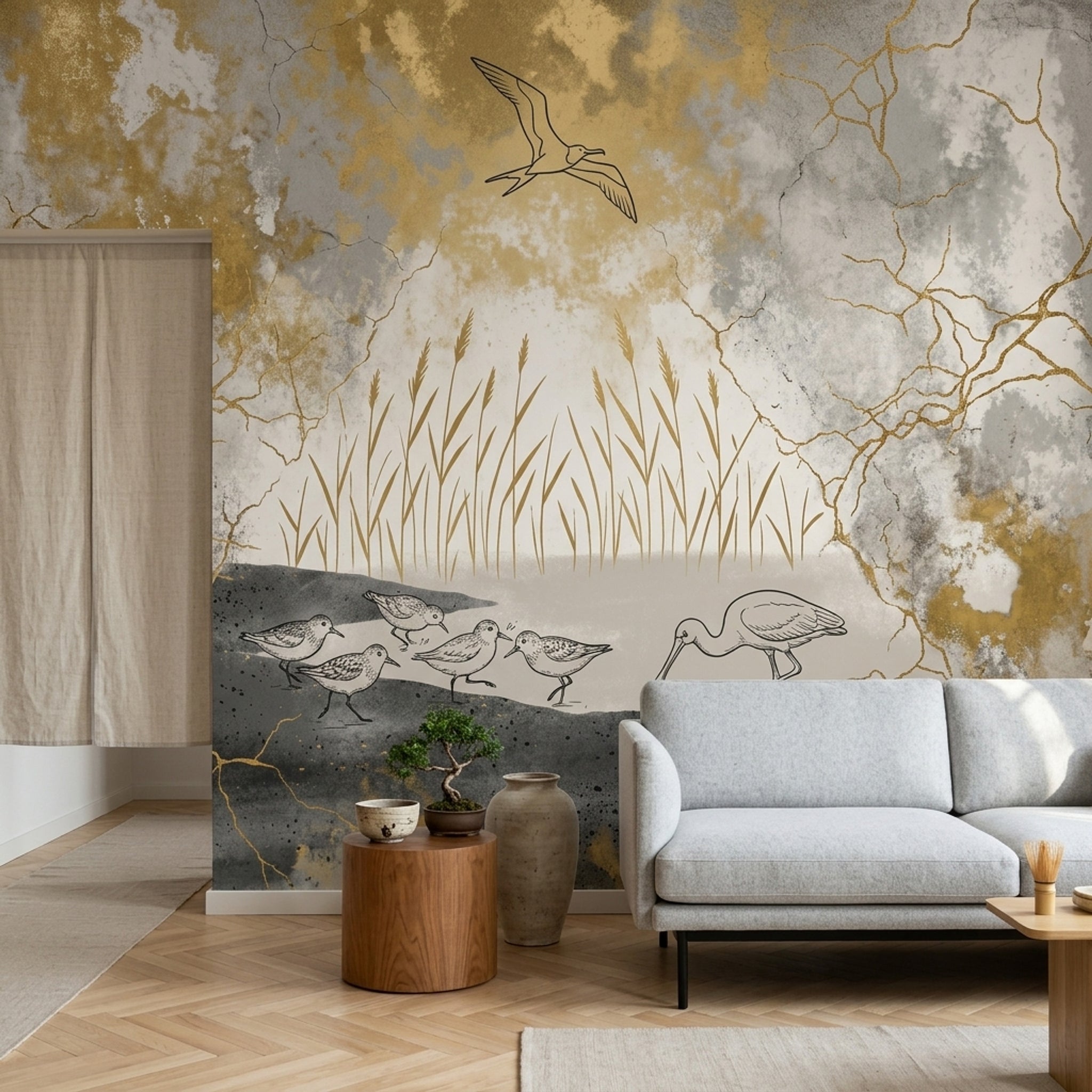 Abstract Landscape Wallpaper Shorebirds Wetland Reeds Removable Wall Decor