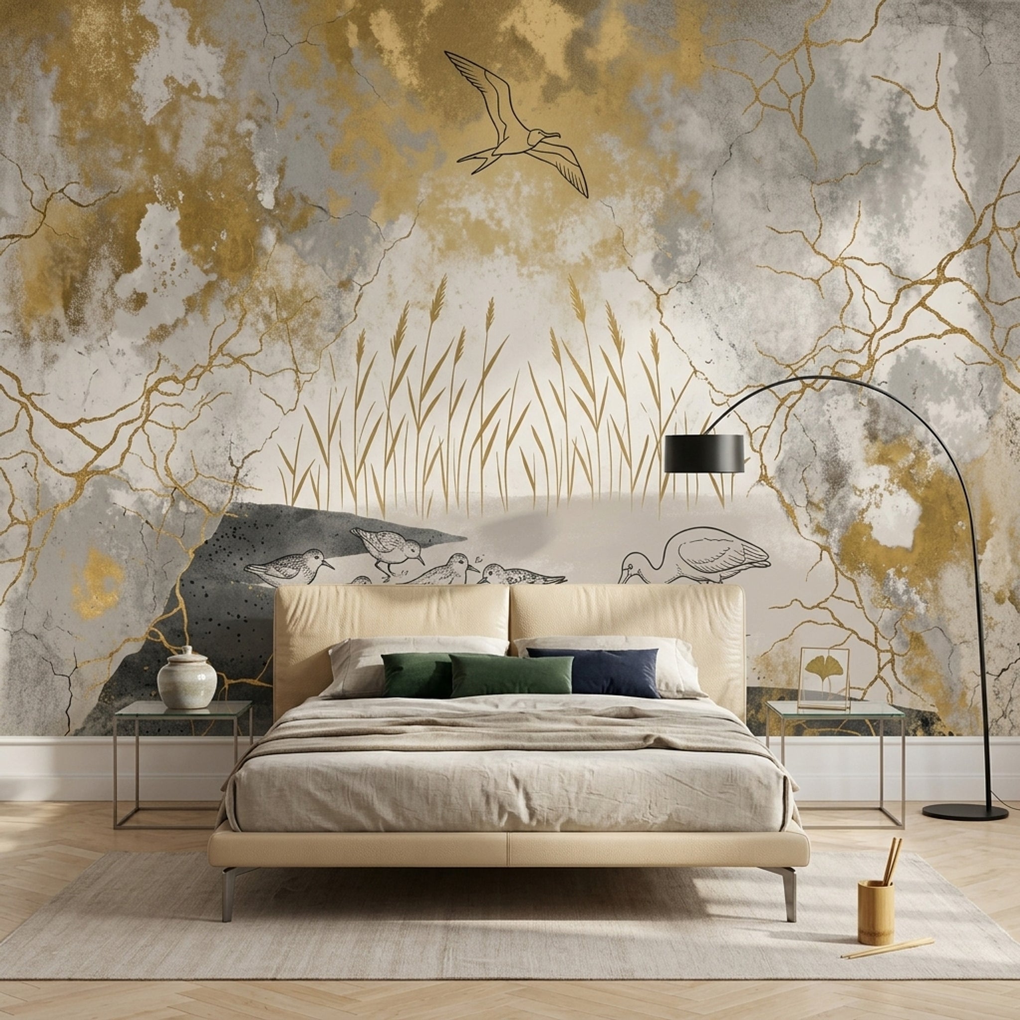 Abstract Landscape Wallpaper Shorebirds Wetland Reeds Removable Wall Decor