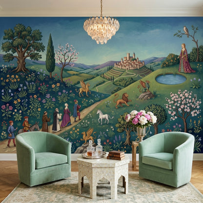 Medieval Landscape Wallpaper Storybook Illustration Castle Town Wall Mural