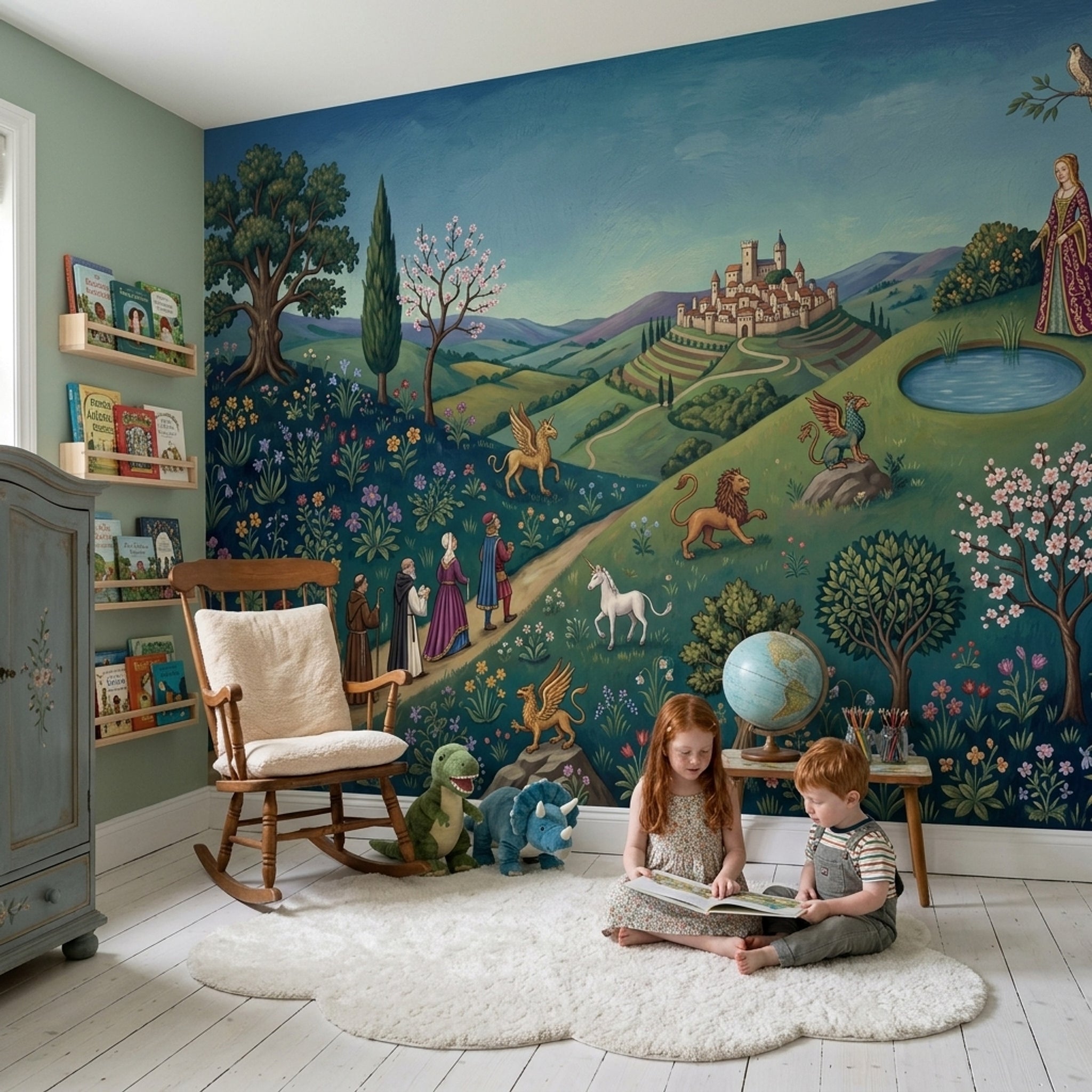 Medieval Landscape Wallpaper Storybook Illustration Castle Town Wall Mural
