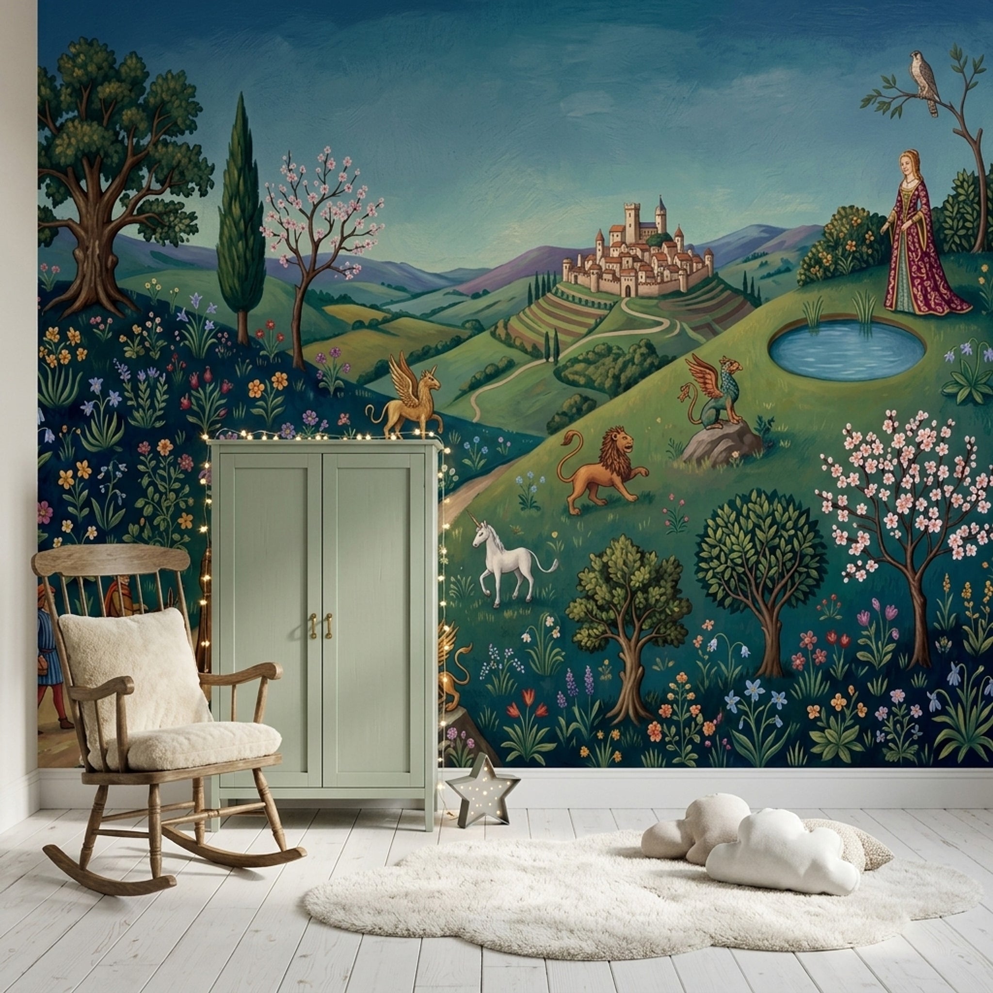 Medieval Landscape Wallpaper Storybook Illustration Castle Town Wall Mural