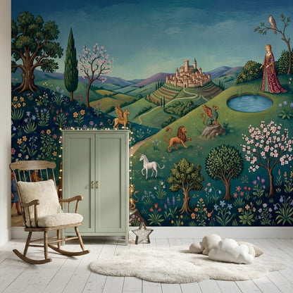 Medieval Landscape Wallpaper Storybook Illustration Castle Town Wall Mural
