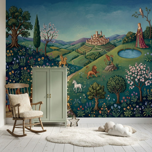 Medieval Landscape Wallpaper Storybook Illustration Castle Town Wall Mural