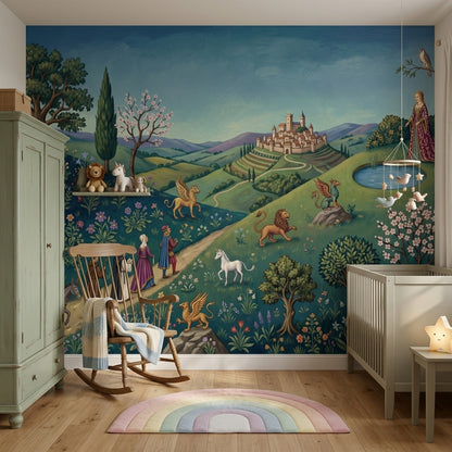Medieval Landscape Wallpaper Storybook Illustration Castle Town Wall Mural