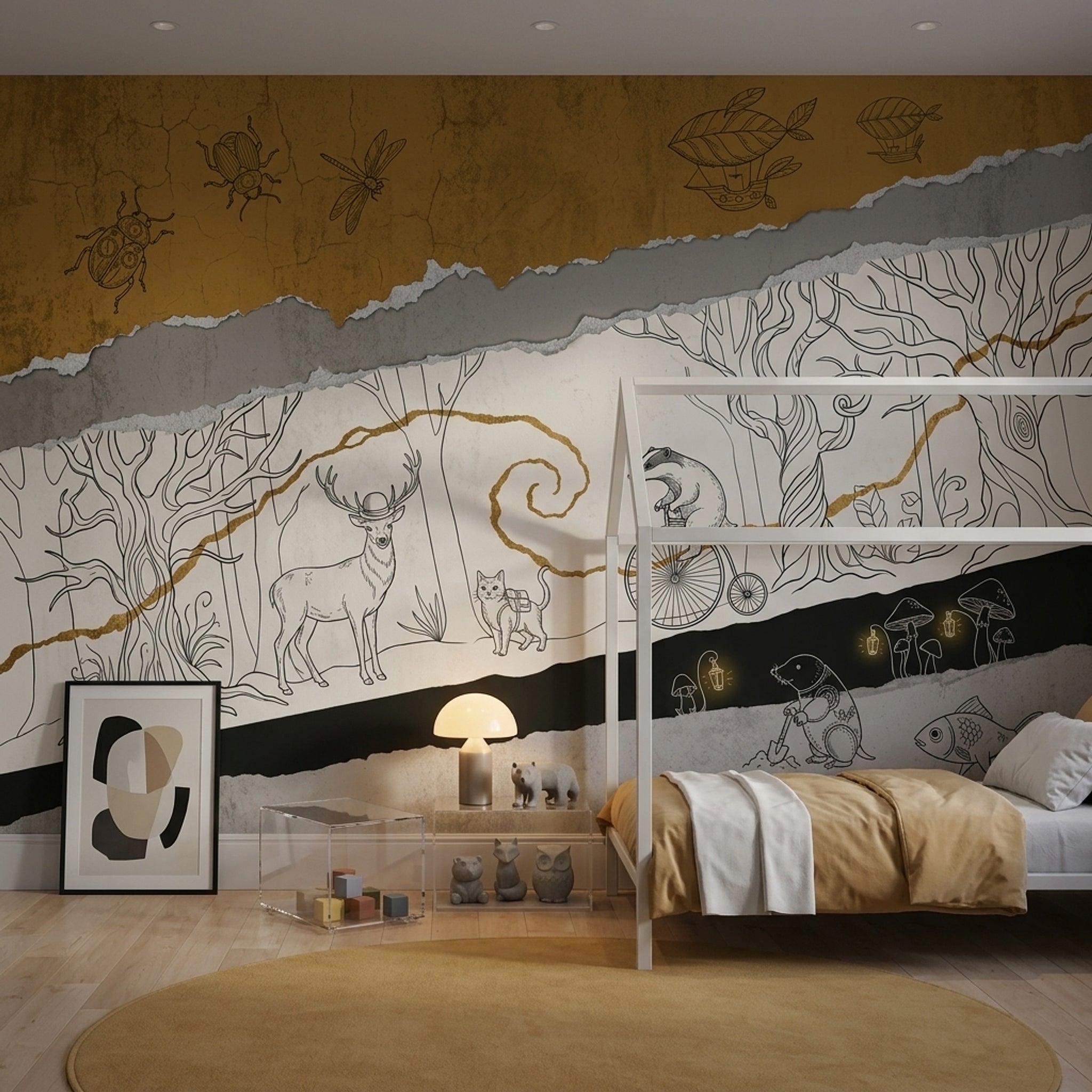 Whimsical Woodland Wallpaper Surreal Animals Removable Torn Paper Collage Wall Decor