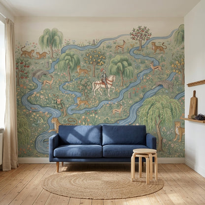 Pastoral Landscape Wallpaper Toile Illustration Winding River Removable Wall Decor
