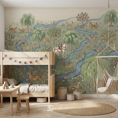 Pastoral Landscape Wallpaper Toile Illustration Winding River Removable Wall Decor