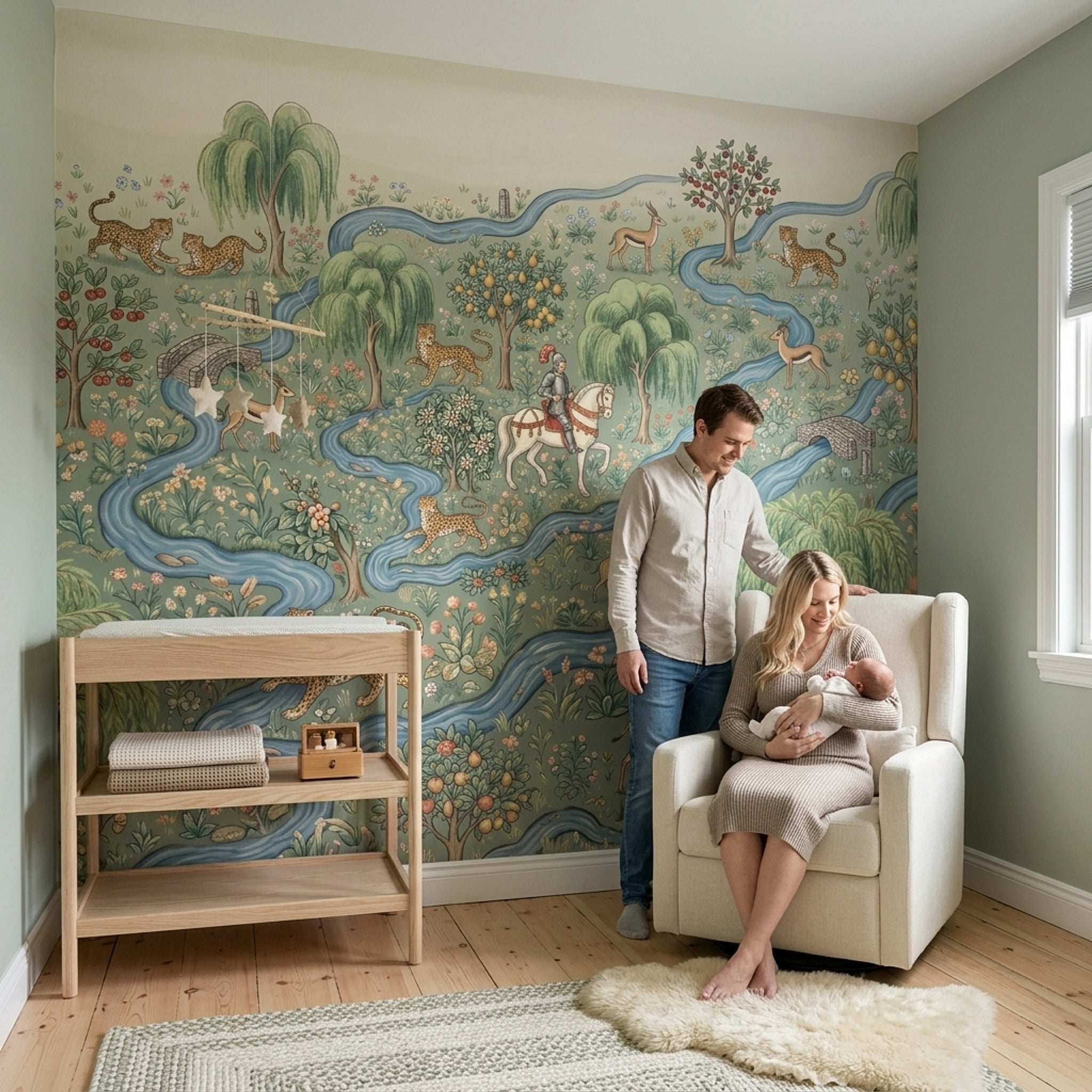 Pastoral Landscape Wallpaper Toile Illustration Winding River Removable Wall Decor