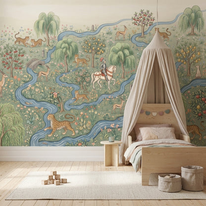 Pastoral Landscape Wallpaper Toile Illustration Winding River Removable Wall Decor