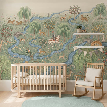 Pastoral Landscape Wallpaper Toile Illustration Winding River Removable Wall Decor