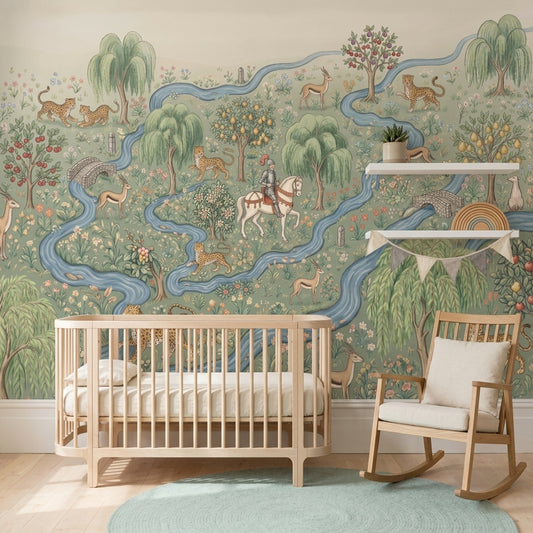 Pastoral Landscape Wallpaper Toile Illustration Winding River Removable Wall Decor