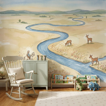 Winding River Wallpaper Landscape Watercolor Wall Mural