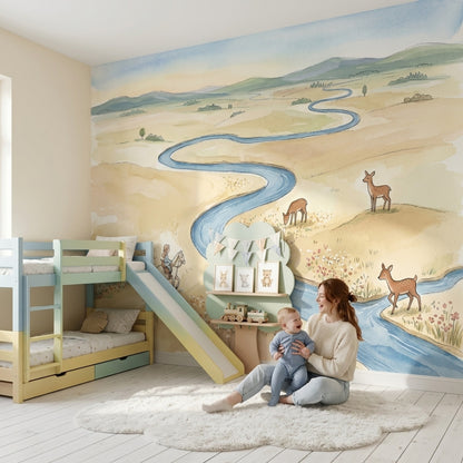 Winding River Wallpaper Landscape Watercolor Wall Mural