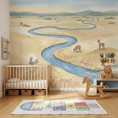 Winding River Wallpaper Landscape Watercolor Wall Mural
